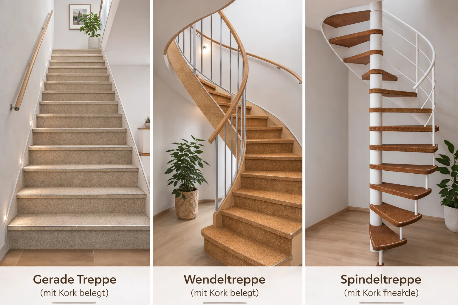 Geradetreppe, Wendeltreppe und Spindeltreppe belegt mit Kork